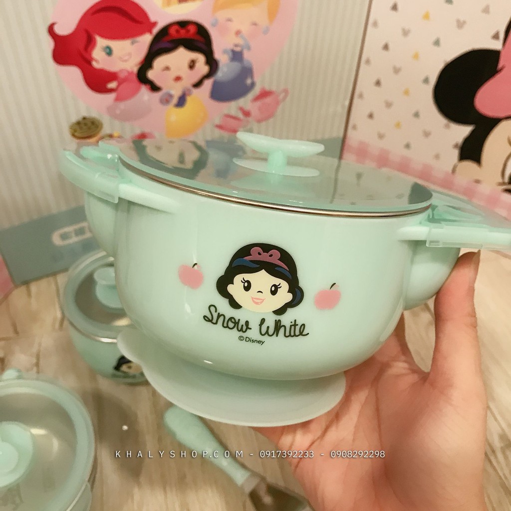 Set 5 món tô, chén muỗng, nĩa và ly có quai cầm inox giữ nhiệt hình công chúa Snow White màu xanh mint siêu hot