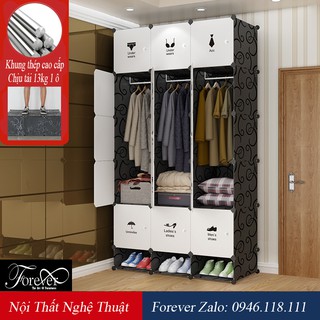 Tủ nhựa ghép 18 ô (3 ô giày) 111*201*47cm Decal quần áo bảo hành 1 đổi 1 - Nội Thất Nghệ Thuật Forever
