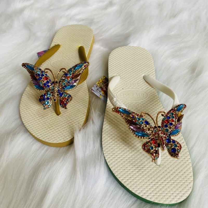 Dép kẹp xỏ ngón đính bướm đá thật, dép tông nữ Havaianas 2 tầng gia công hàng handmade siêu bền đẹp