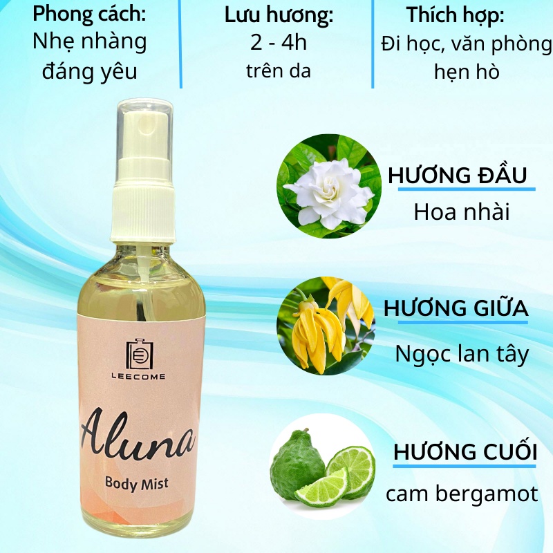 Body mist xịt thơm body LEECOME hương nước hoa siêu thơm lưu hương lâu, dưỡng ẩm cho da