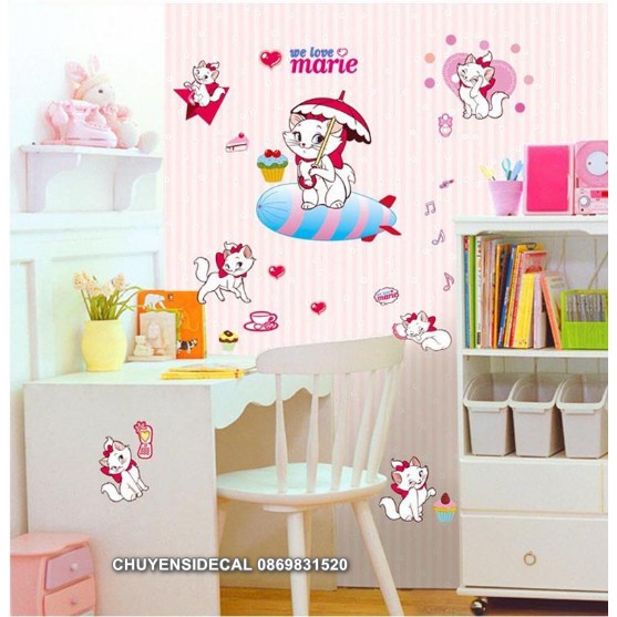 Decal dán tường - Mèo Trắng Hồng Dễ Thương
