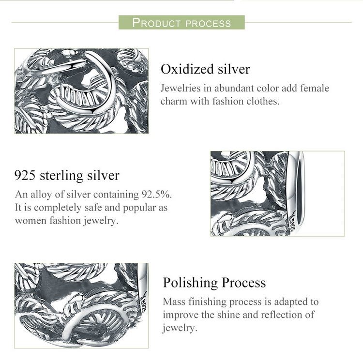 Hạt xỏ vòng tay Bamoer bằng bạc 925 hình tròn họa tiết lông vũ để làm trang sức