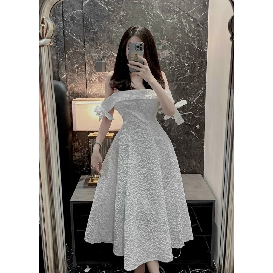 Đầm nữ dáng xòe 2 dây kết nơ tay thời trang sang trọng phù hợp đi dự tiệc, đi chơi  - 85267