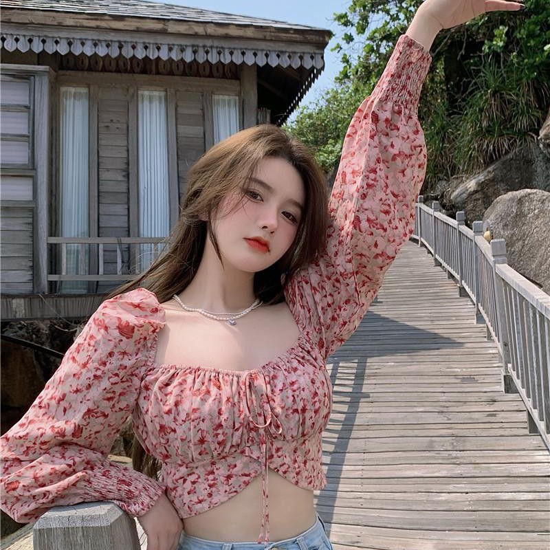 Áo Kiểu Tay Dài Cổ Vuông Chất Chiffon Hoạ Tiết Hoa Cho Phái Nữ | BigBuy360 - bigbuy360.vn