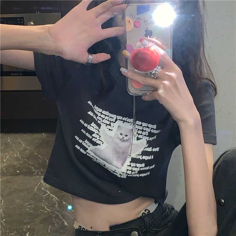 Áo Thun Tay Ngắn In Hình Mèo Phong Cách retro Dành Cho Nữ