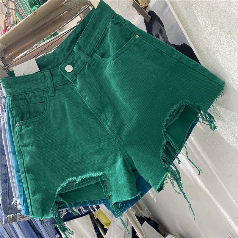 Jiashucheng Quần Short Denim Lưng Cao Ống Rộng Phối Rách Thời Trang Mùa Hè Mới Cho Nữ