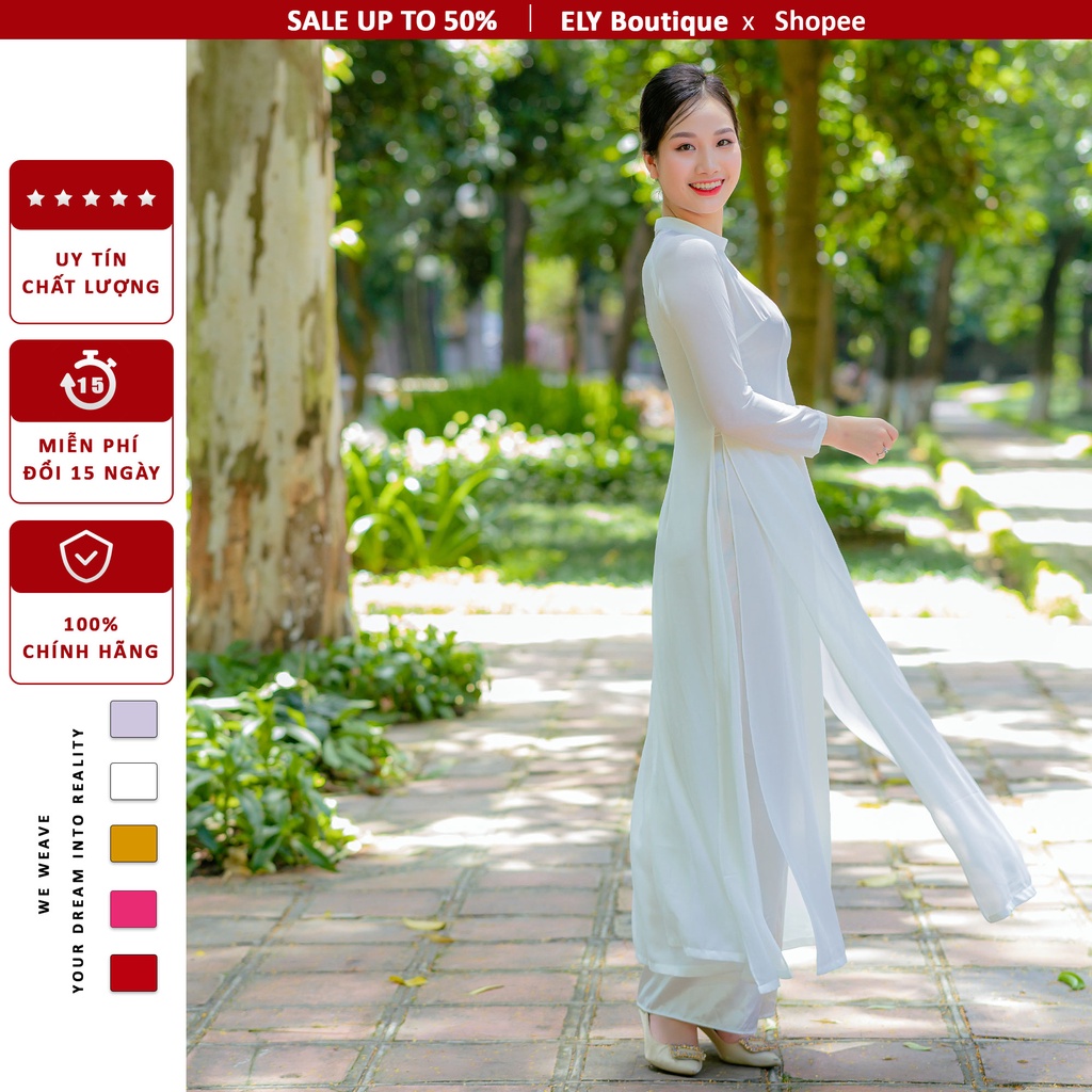 Áo dài trắng lụa chiffon 4 tà dày dặn ELY, áo dài trắng học sinh đẹp chất loại 1