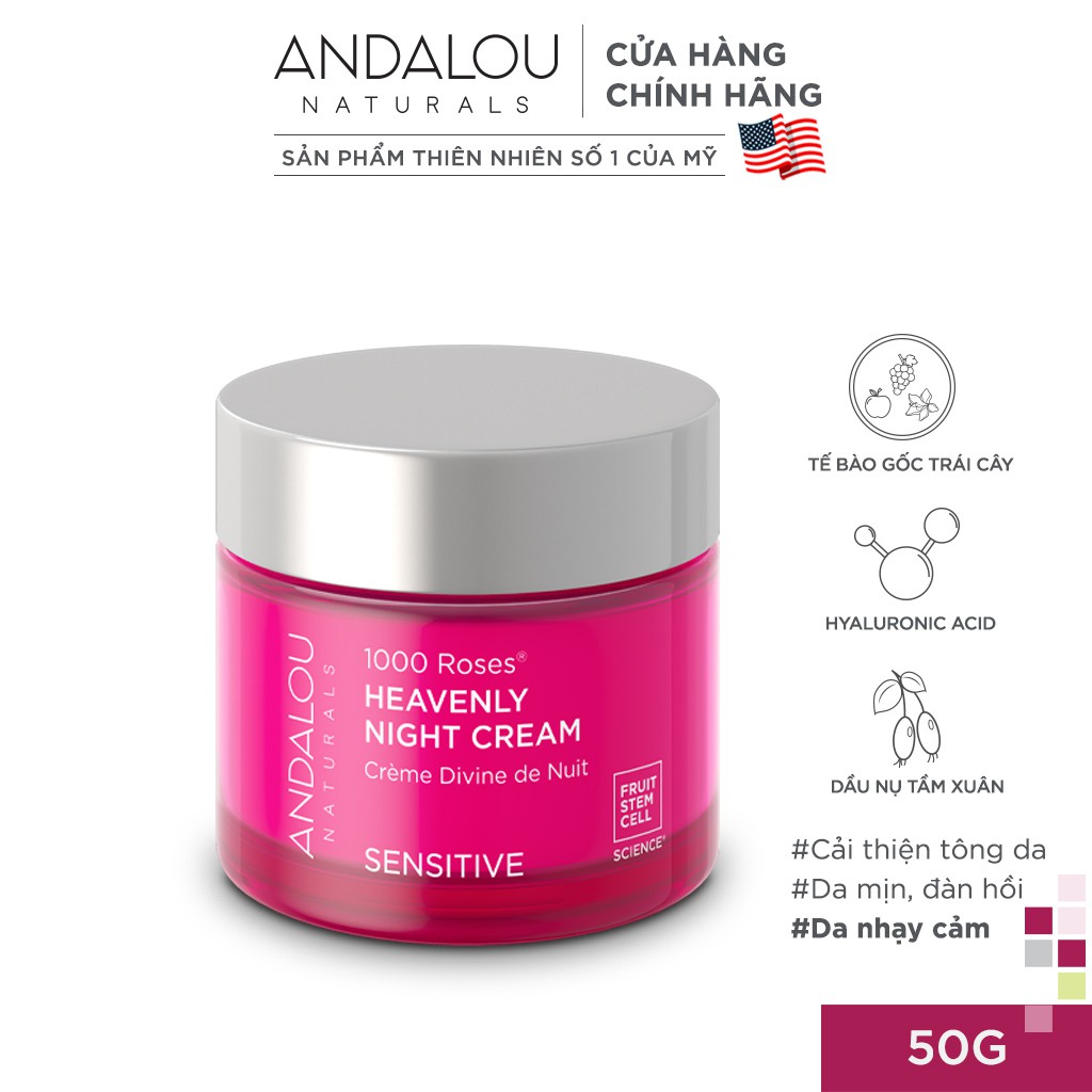 Kem Dưỡng Da Ban Đêm Dành Cho Da Nhạy Cảm Andalou Naturals Sensitive 1000 Roses Heavenly Night Cream 50g