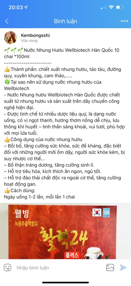 [SỈ TẬN GỐC] NƯỚC HỒNG SÂM NHUNG HƯƠU HÀN QUỐC