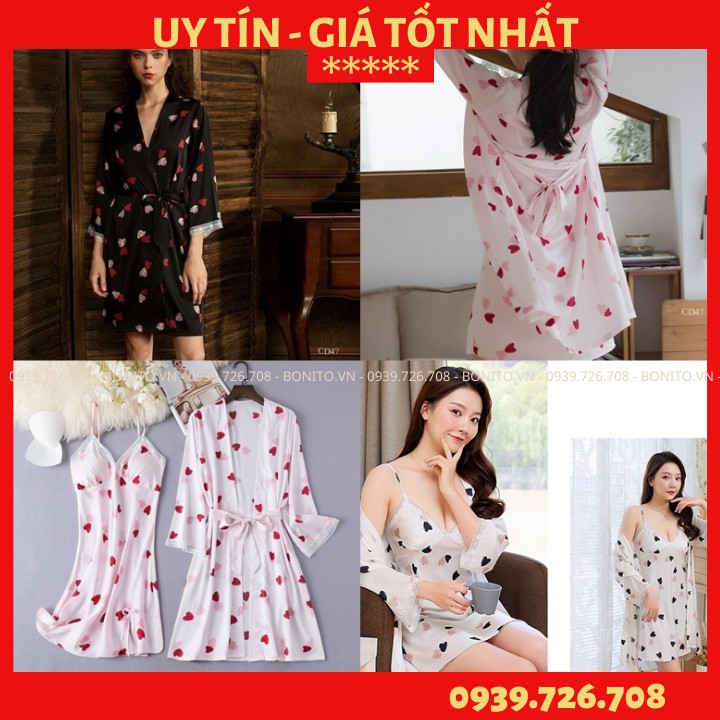 Váy ngủ kèm áo choàng ❤️FREESHIP❤️ Áo choàng ngủ nữ kết hợp đầm ngủ lụa cao cấp họa tiết trái tim dễ thương xinh xắn