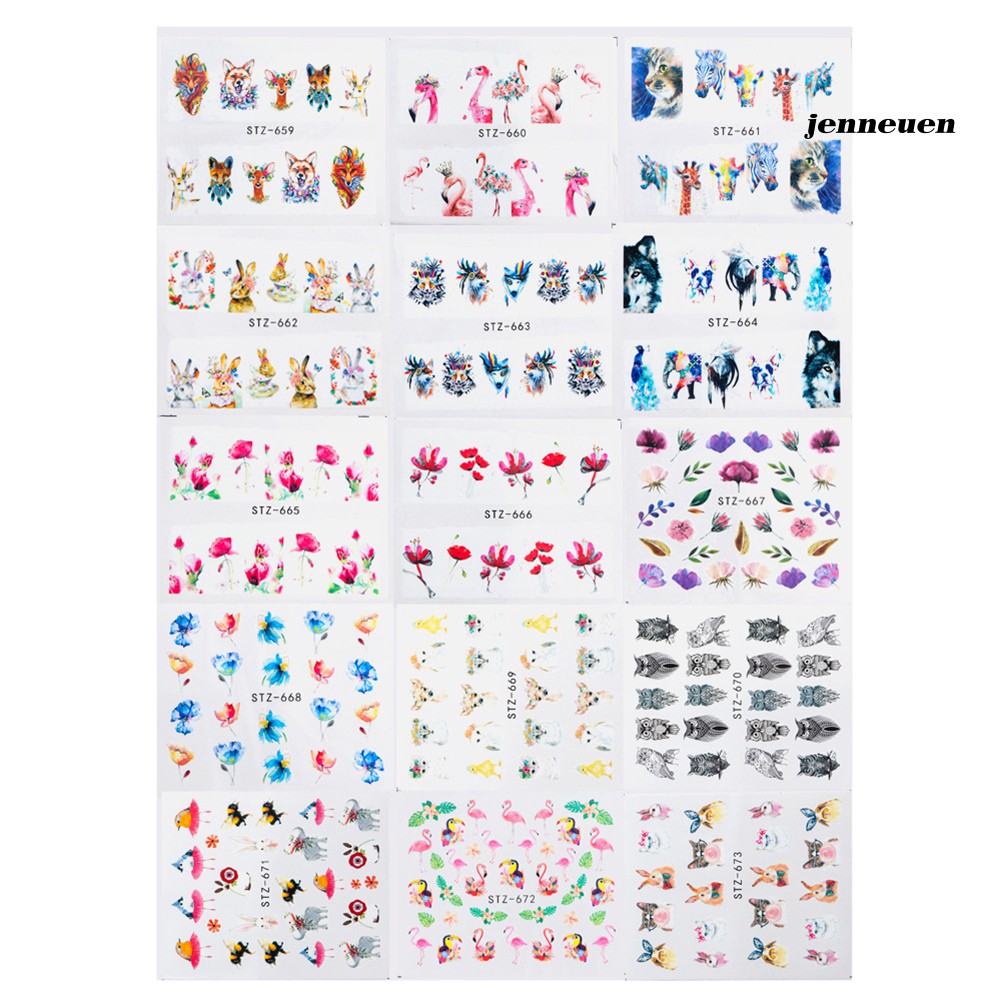 [Hàng mới về] Bộ 15 tờ miếng dán trang trí móng tay nghệ thuật chuyển nước họa tiết hoa và chim hồng hạc xinh xắn