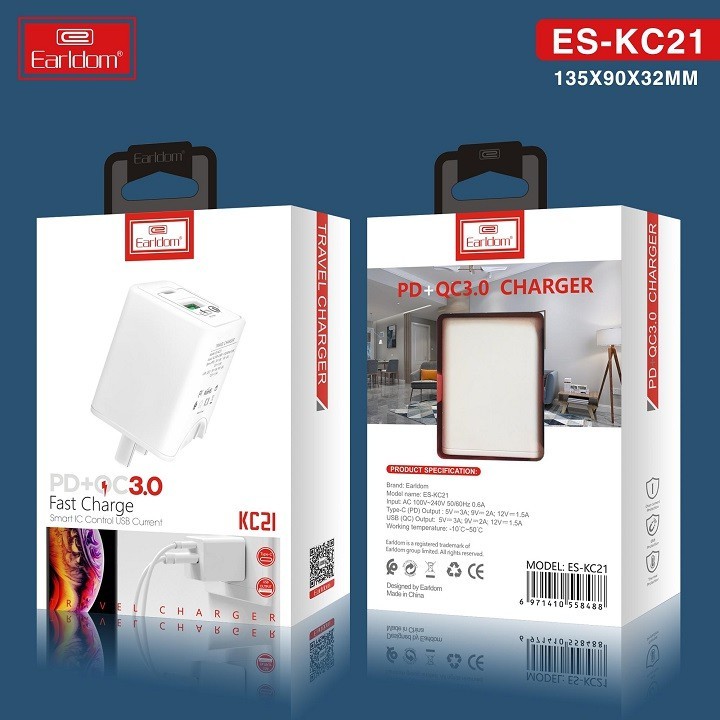 Củ Sạc Nhanh Earldom KC21 Hỗ Trợ 2 Cổng Sạc (1 Cổng USB + 1 Cổng USB Type-C) Sạc Nhanh 18W - BH 1 Năm