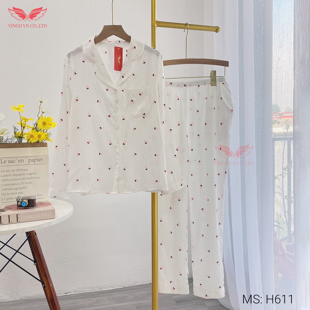 Bộ Đồ Ngủ Pyjama Vingo Mặc Nhà Nữ Chất Tơ Đũi Tay Dài Quần Dài Họa Tiết Dâu Hồng Nền Trắng Mùa Thu Đông H611 VNGO - TDQD | BigBuy360 - bigbuy360.vn