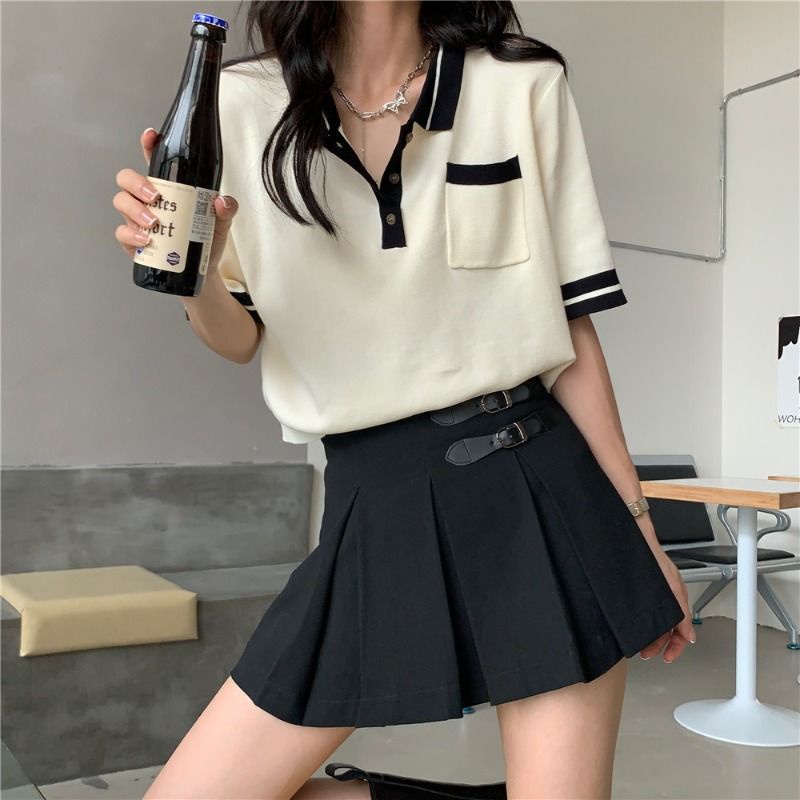 Áo polo IELGY dệt kim mỏng tay ngắn dáng rộng có cổ cho nữ
