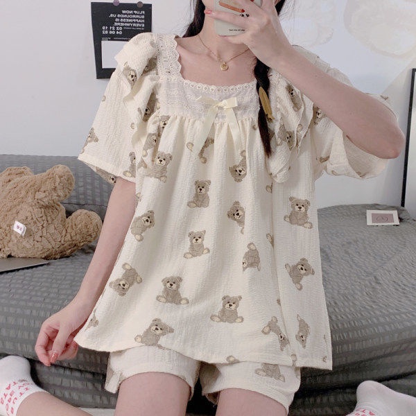 Bộ Đồ Ngủ Áo Tay Ngắn Và Quần Short Họa Tiết Kẻ Ô Nơ Phong Cách Hàn Quốc Dành Cho Nữ