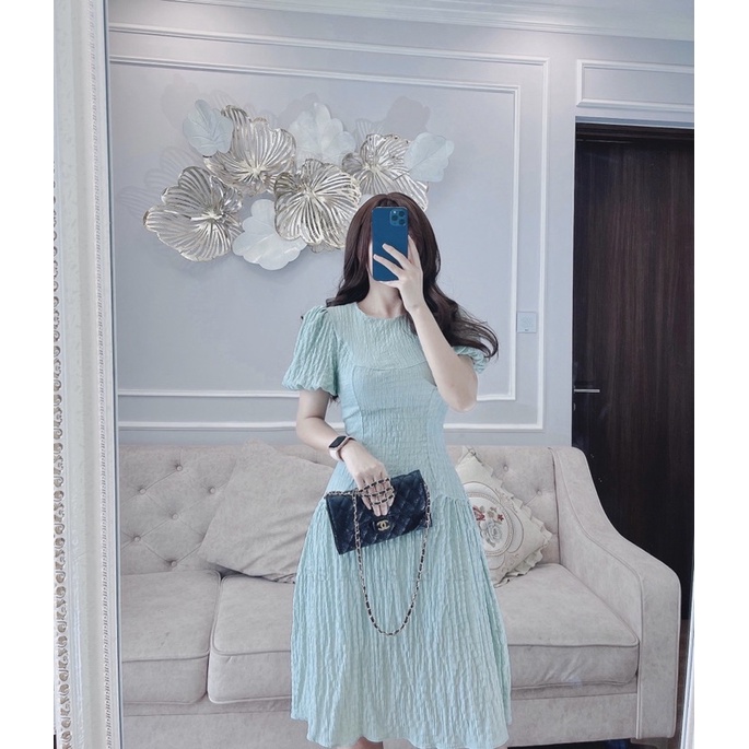 Váy xanh li nhăn tay bồng dáng xòe hàng hai lớp siêu xinh
