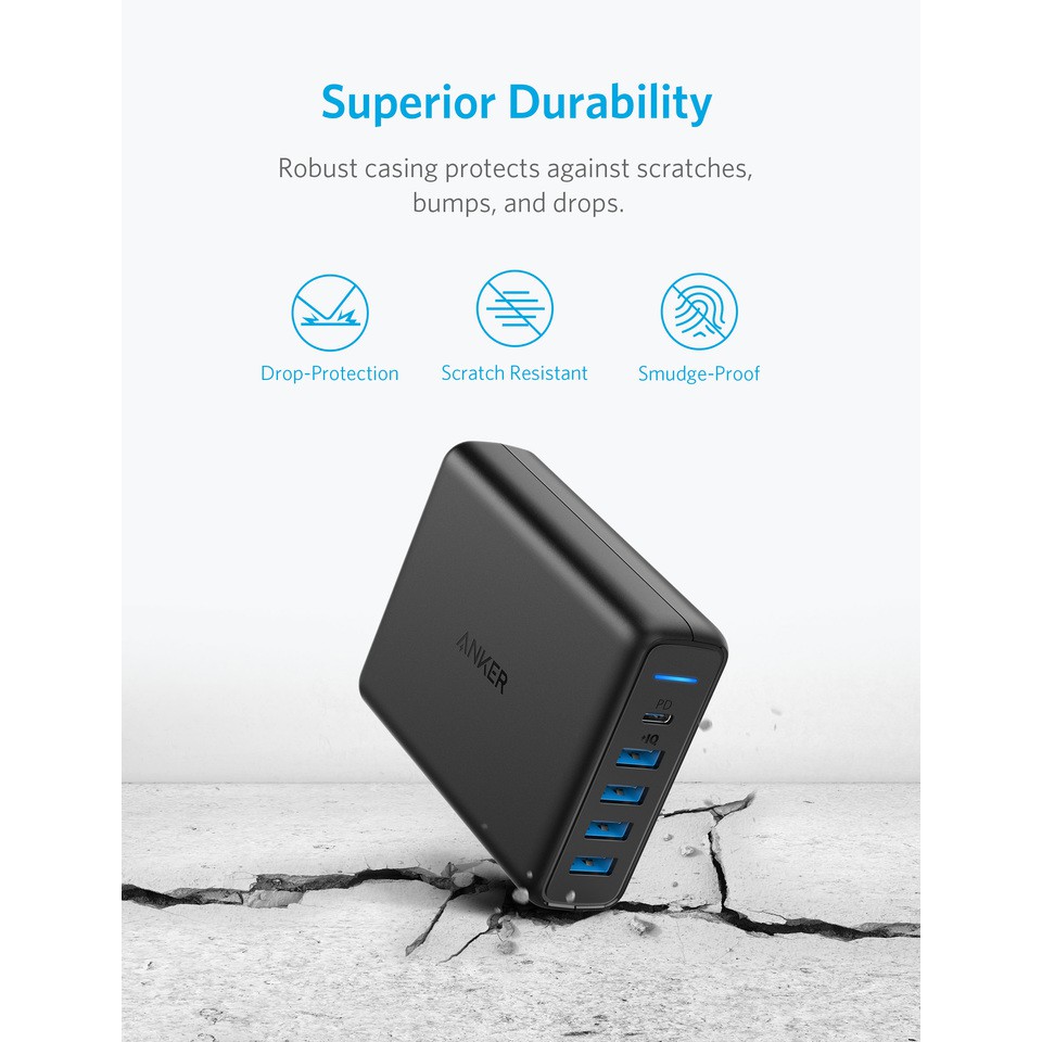 Sạc ANKER PowerPort 5 cổng 60W - 1 USB-C PD 30W & 4 USB A Power IQ 12W - Model A2056  - BH 18 THÁNG
