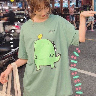 [Hình thật + video] Áo thun tay lỡ freesize phông form rộng Unisex, mặc lớp, nhóm, cặp in hình khủng long xanh bơ chữ Hi