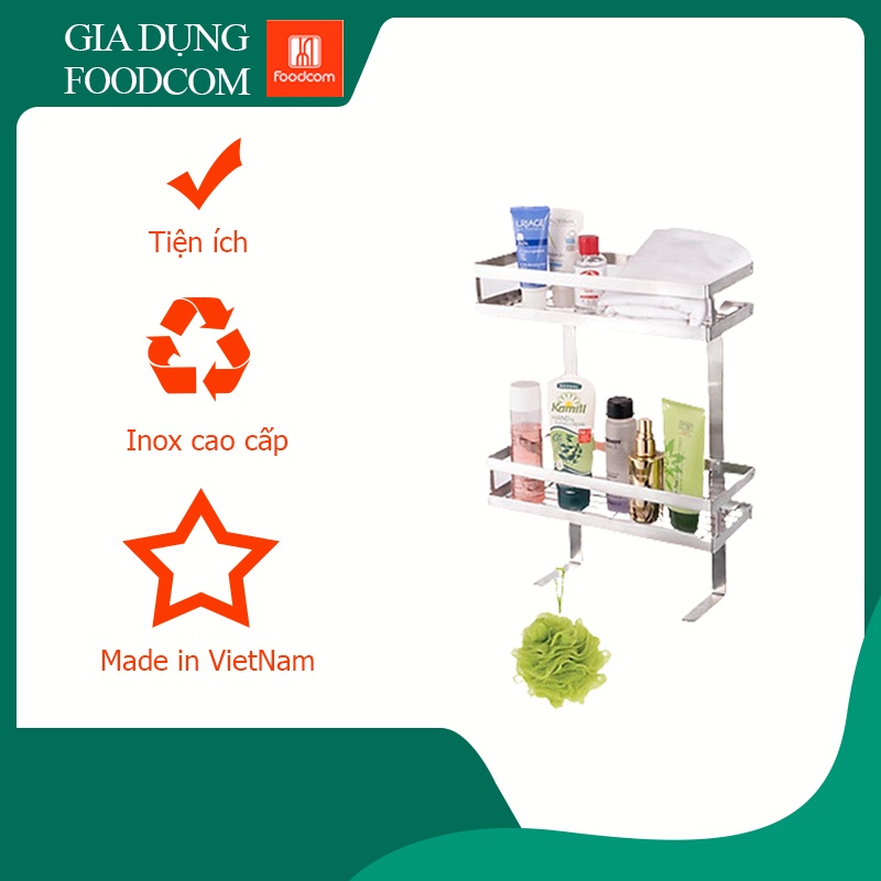 Kệ để đồ nhà tắm Foodcom đa năng 2 tầng, chất liệu inox không han gỉ có keo 3M chắc chắn