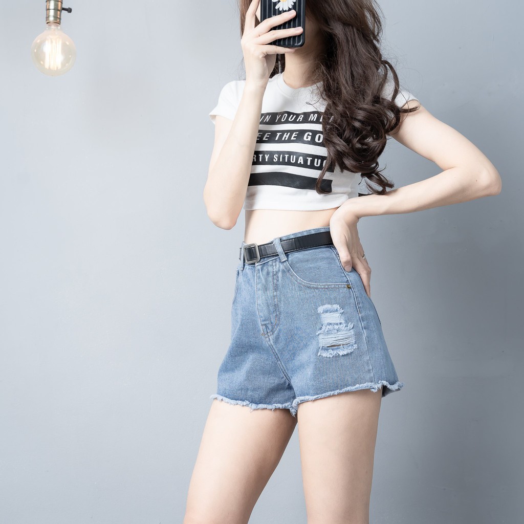 Quần Sọt Jeans Nữ Rách Kiểu Tua Lai Chuẩn form Lưng Siêu Cao | BigBuy360 - bigbuy360.vn