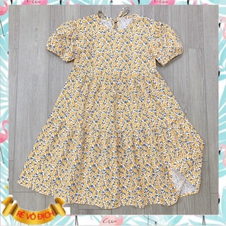 Váy hè bé gái 1-10 tuổi cộc tay hàng thiết kế hoa nhí vàng, Đầm babydoll cho bé vải thô nhẹ thoáng mát