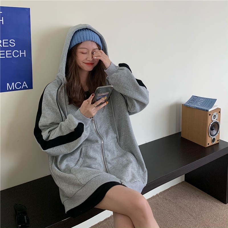 Áo Khoác Hoodie Dáng Rộng Có Khóa Kéo Phong Cách Retro Đơn Giản