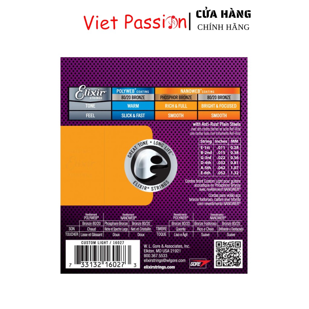 Dây đàn guitar acoustic ELIXIR 16027 Phosphor Bronze Nanoweb cỡ 11 dây đàn Elixir chính hãng nhập khẩu Viet Passion
