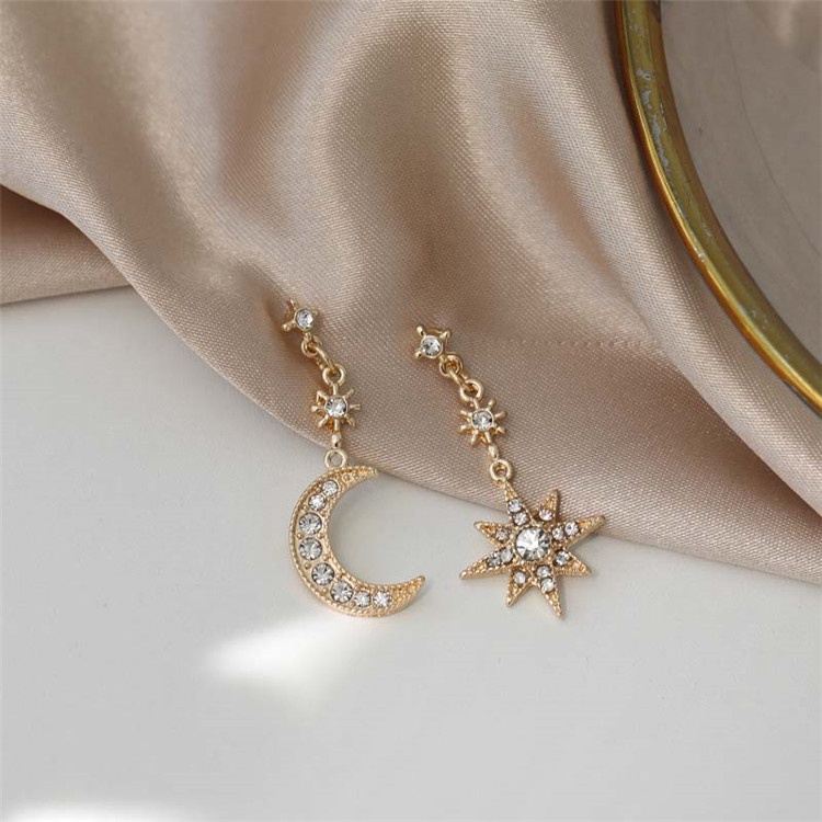 Khuyên tai kẹp không bấm lỗ chốt điều chỉnh K021 bằng hợp kim mạ vàng hình mặt trăng ngôi sao đính đá dáng dài Leous