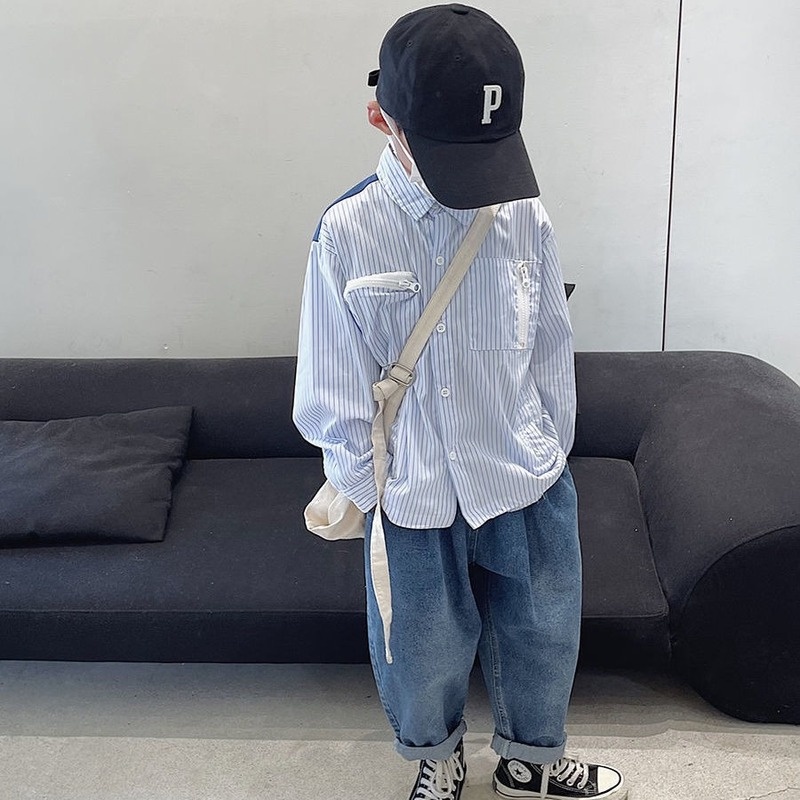 Áo Sơ Mi Cotton Dài Tay Kẻ Sọc Thời Trang Xuân Thu Hàn Quốc Mới Cho Bé Trai