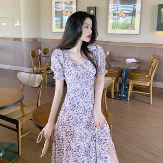 Váy hoa nhí tím dáng dài xẻ tà siêu xinh thiết kế cổ vuông tay bồng phong cách cô nàng trẻ trung mùa hè