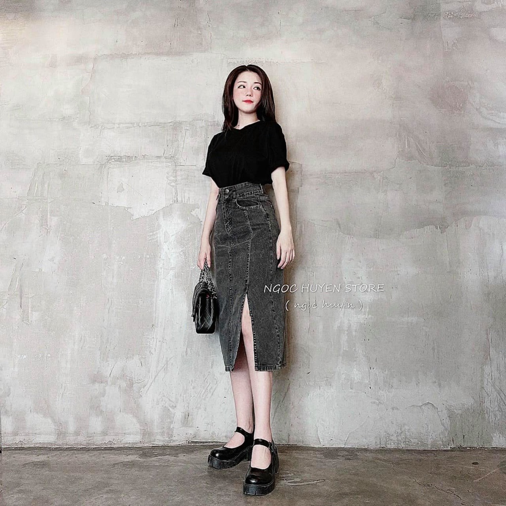 Chân váy jean dáng dài chất bò dày dặn hai cúc màu đen khói CV1