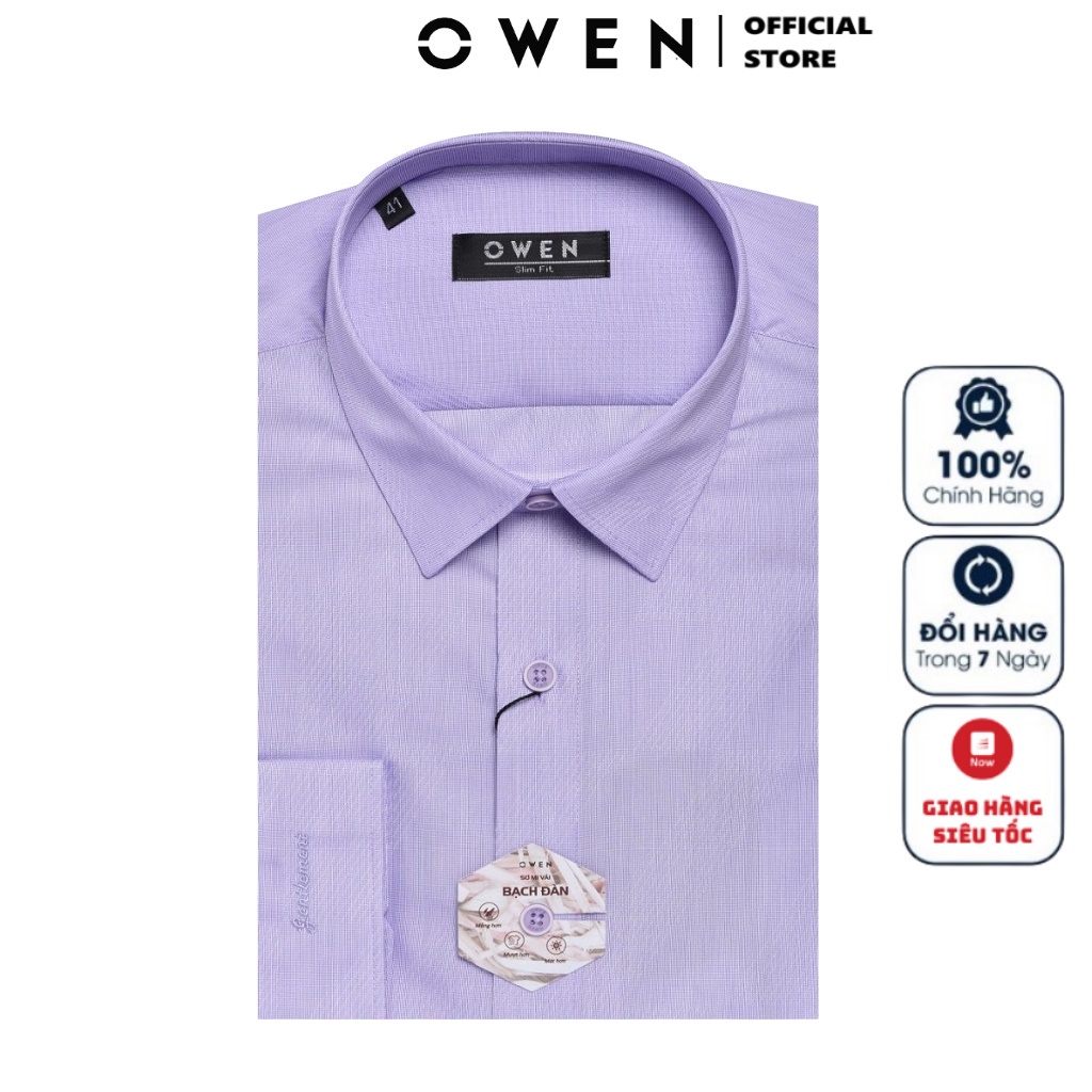 Áo Sơ Mi Nam Dài Tay Owen AS23401D Somi Công Sở Cao Cấp Màu Tím Trắng Họa Tiết Chìm Dáng Ôm Không Túi Chất Sợi Bạch Đàn