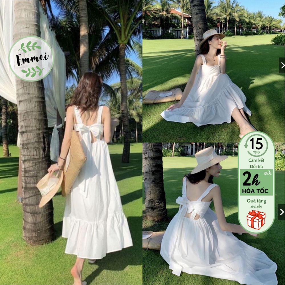 Váy 2 dây trắng nữ thắt nơ lưng váy dài đi biển emmei v31