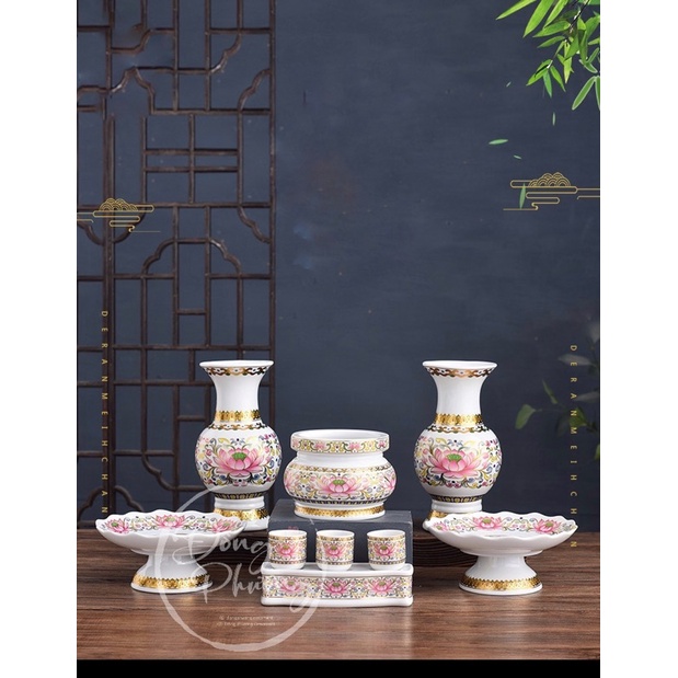 Bộ Đồ Thờ Cúng - Set Đồ Thờ Gốm Sứ Hoa Văn Hồng Liên cao cấp