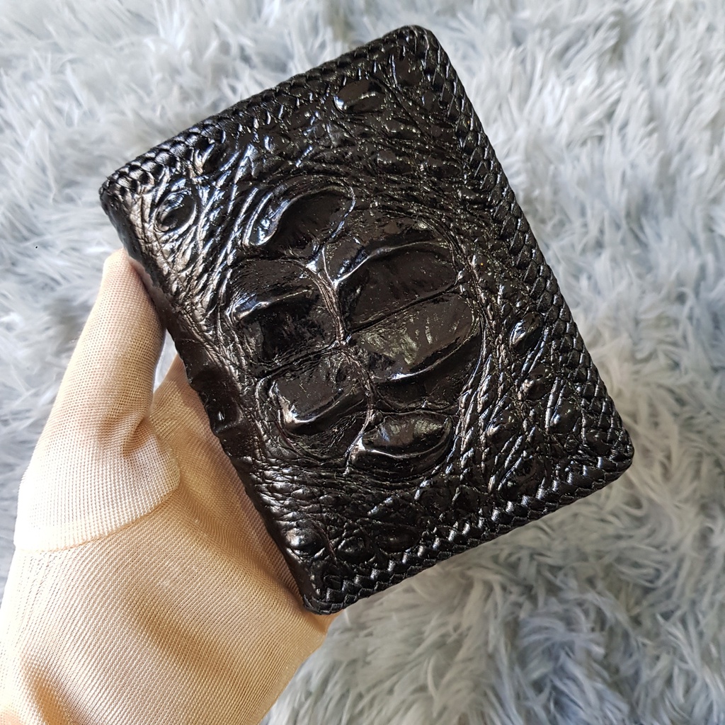 Ví Da Cá Sấu Thủ Công, Gù To | Ví Cá Sấu Đan Viền 2 Mặt |  Màu Nâu Và Đen | Dáng Đứng