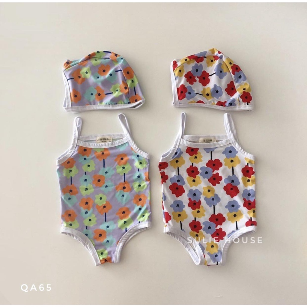 Bộ bơi body 2 dây kèm mũ hoa nhí - QA65