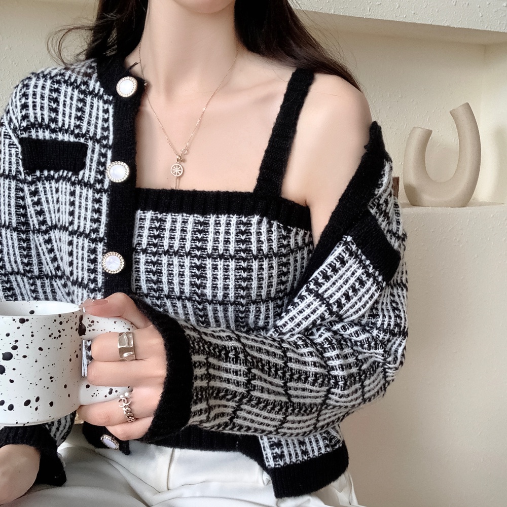 Bộ áo cardigan tay dài và áo croptop hai dây ZHELIHANGFEI dệt kim phong cách quyến rũ thanh lịch dành cho nữ