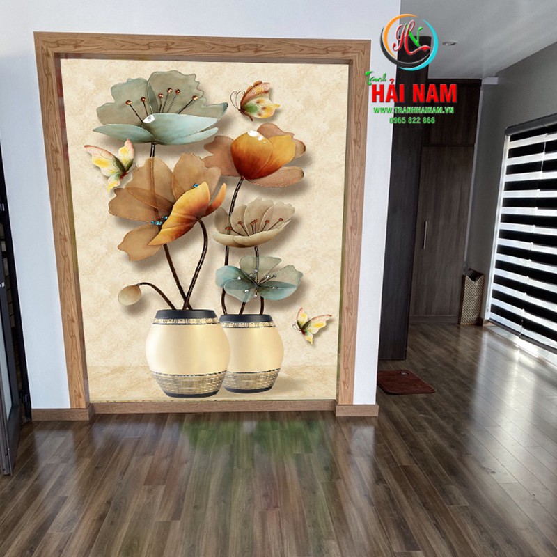Tranh dán tường 3D  bình hoa  - vải lụa phủ kim sa