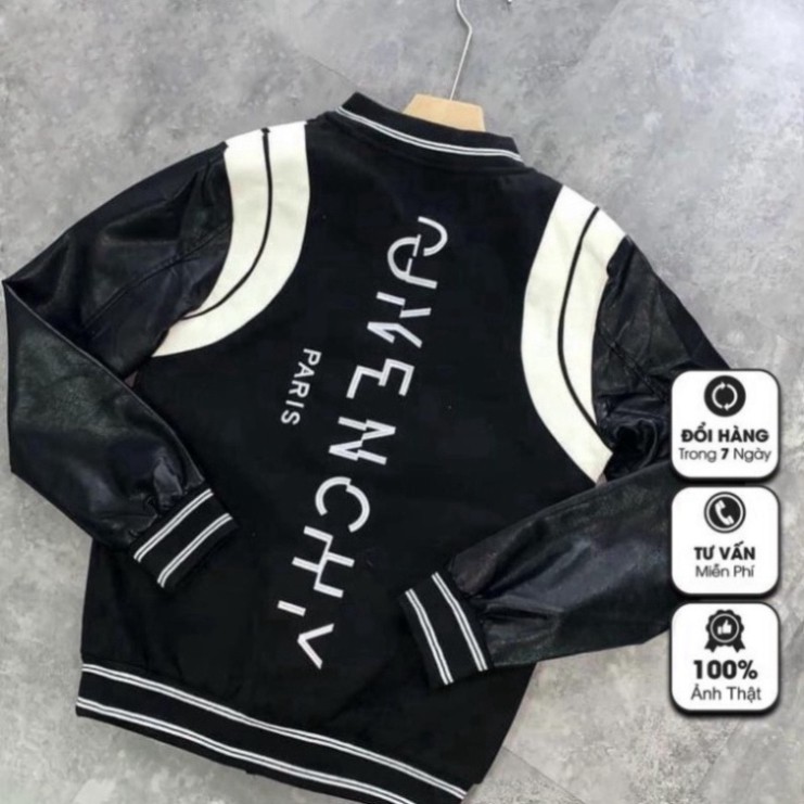 Áo Bomber Givenchy nam nữ, áo khoác Bomber GVC tay da viền trắng thêu chữ dọc lưng