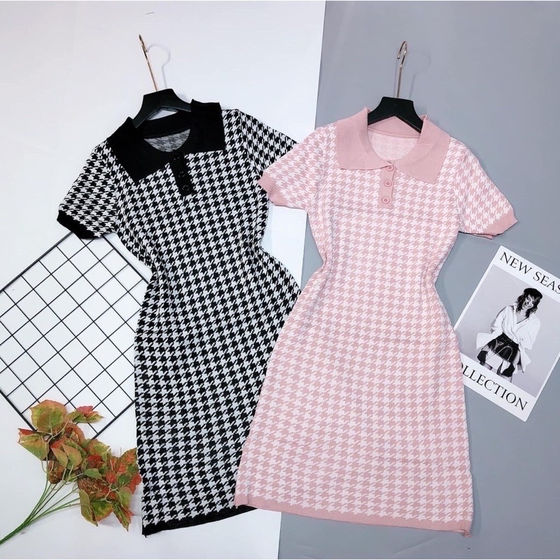 Gaeul store- đầm váy len body Polo hoạ tiết zic zac 2 màu hàng Quảng châu