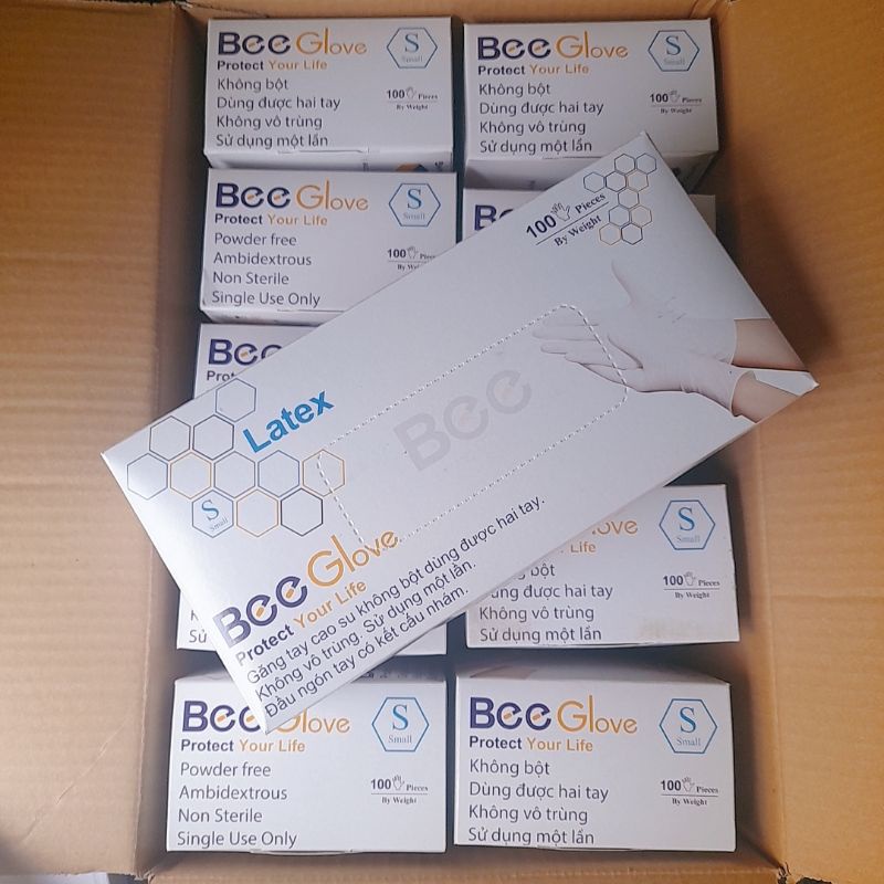 Găng Tay Bee Latex Không Bột Màu Kem Trắng - Bao Tay Y Tế Hộp 100 Chiếc=50 Đôi
