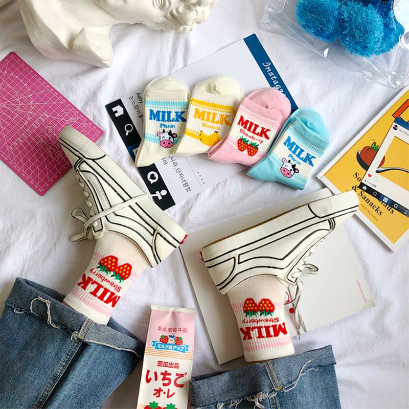 Youyo Set 5 Đôi Vớ Thể Thao Cotton Mềm Mại Cổ Thấp In Họa Tiết Sữa Chuối / Dâu Tây Dành Cho Nữ