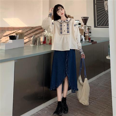 Set Áo Sơ Mi Tay Dài Phối Chân váy jean Lưng Cao Thời Trang retro Cho Nữ