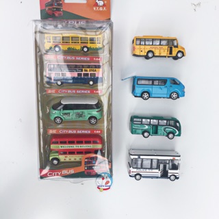 Set 4 chiếc ô tô buýt trường học bằng sắt, mở cánh, tỉ lệ 1:64, bánh đà