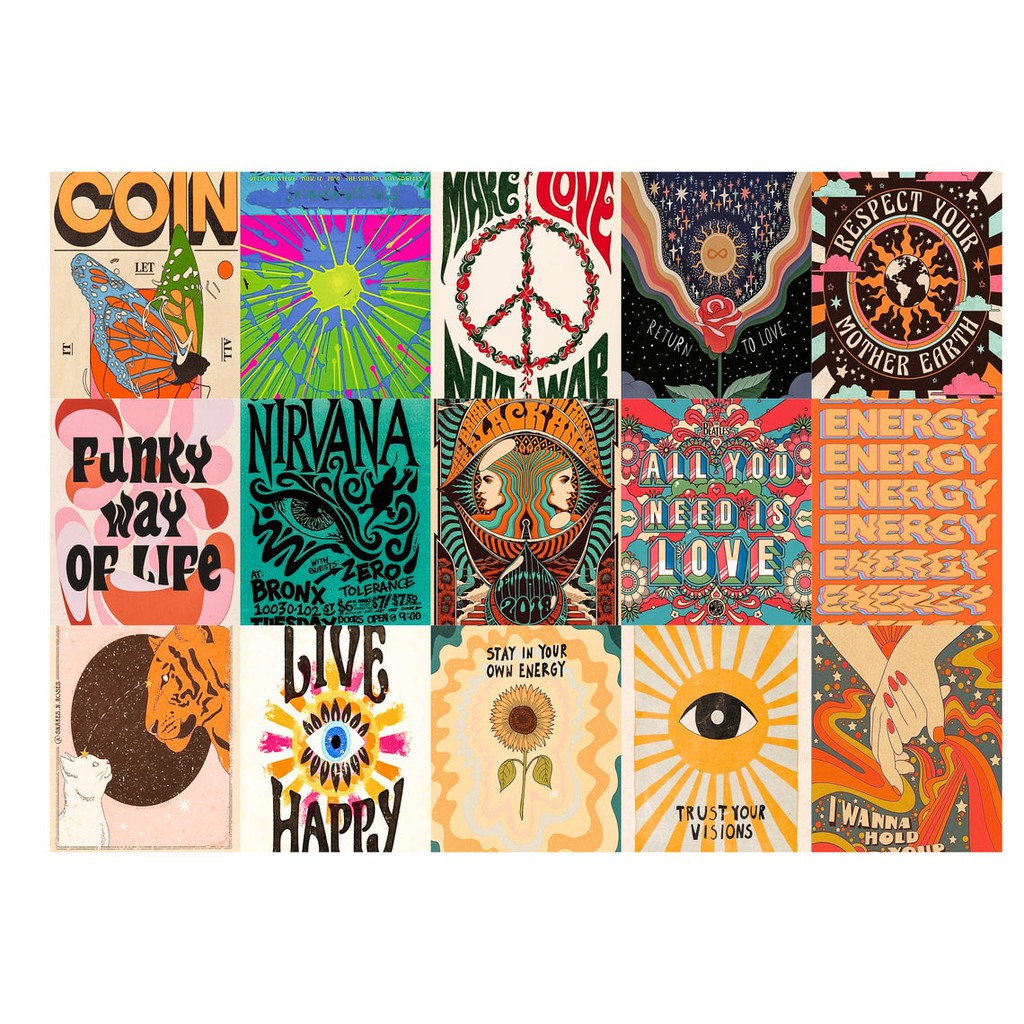 12 tấm Wall Collage keo sẵng dán tường trang trí phòng ngủ - theme Vintage Hippie