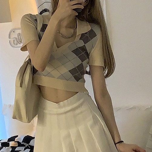 Áo Dệt Kim Ngắn Tay Lưng Cao Thời Trang Quyến Rũ