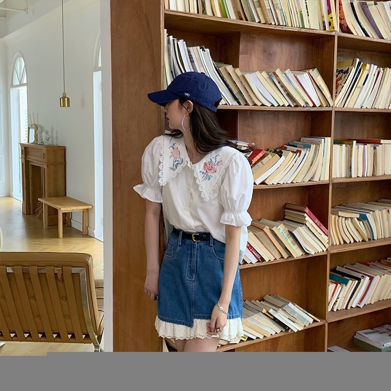 Áo Sơ Mi Tay Ngắn Phồng Cổ Búp Bê Thêu Họa Tiết Phong Cách Retro Pháp Thời Trang Cho Nữ