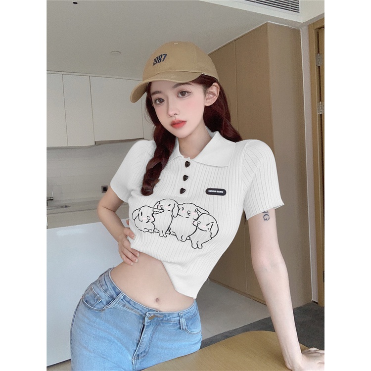 Porozi  Áo croptop  dệt kim tay ngắn cổ polo thêu họa tiết thời trang Hàn Quốc cho nữ