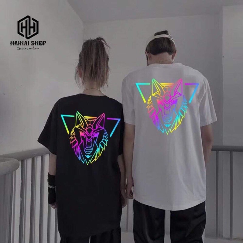 Áo thun phản quang bảy màu đầu sói HADES, áo thun tay lỡ unisex kt