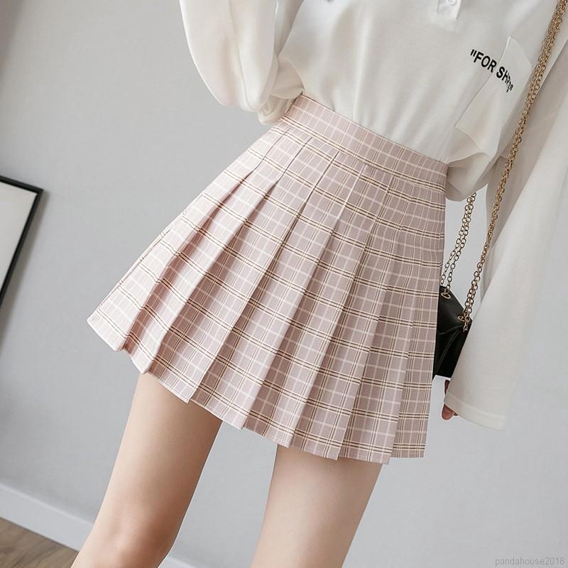Women Skirt Korean College Style Plaid High Waist Pleated Skirt A Line Skirt Fairy Powder 2XL | BigBuy360 - bigbuy360.vn